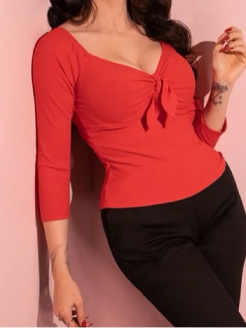Vixen by Micheline Pitt Red Ribbed Tie-Front Long Sleeve Top tie me up